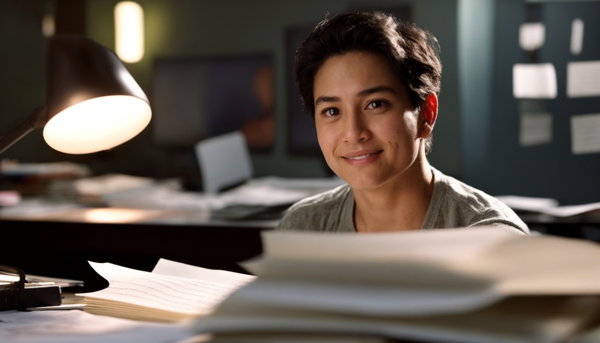 Film critic reviewing a blockbuster movie script at a cinema desk with natural lighting