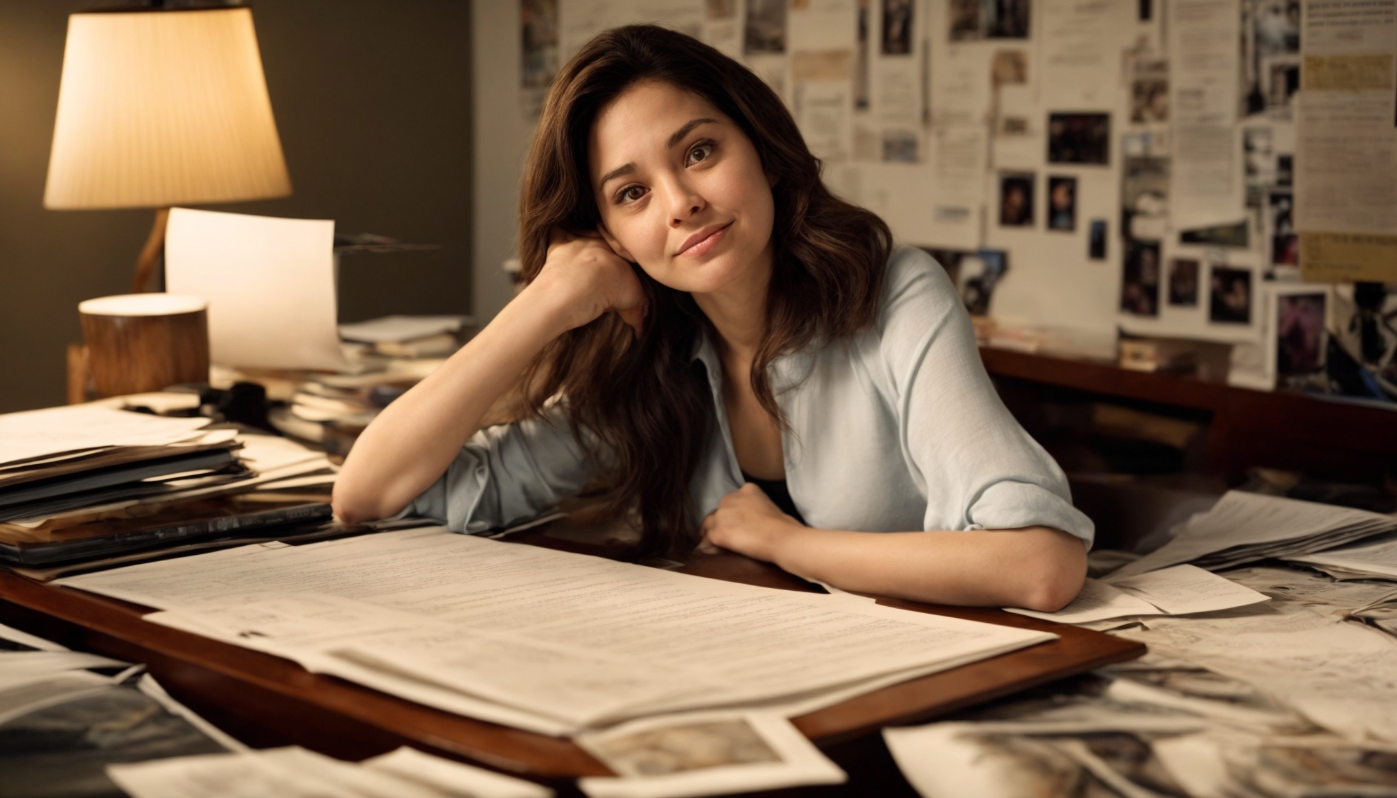 Film critic reviewing movie releases at a desk with theater tickets and posters