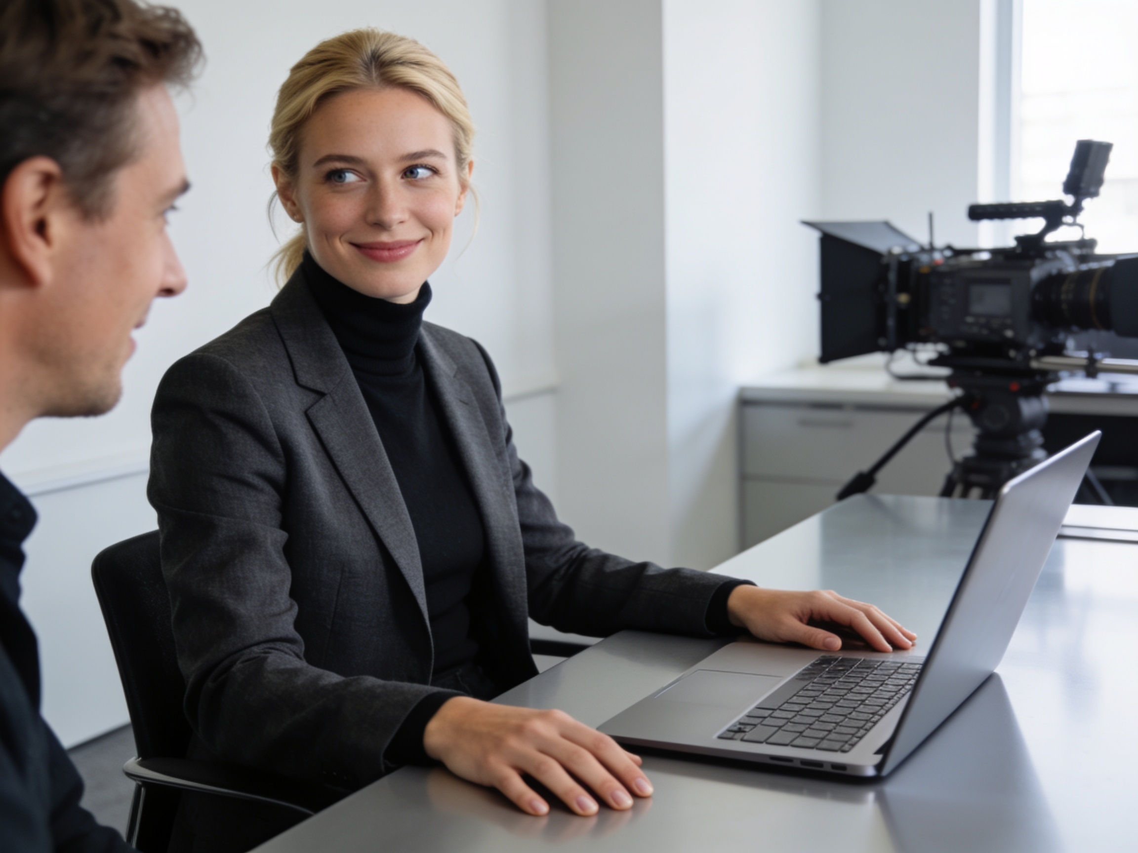 European film producer analyzing digital cinema revenue trends on a laptop in a modern office.