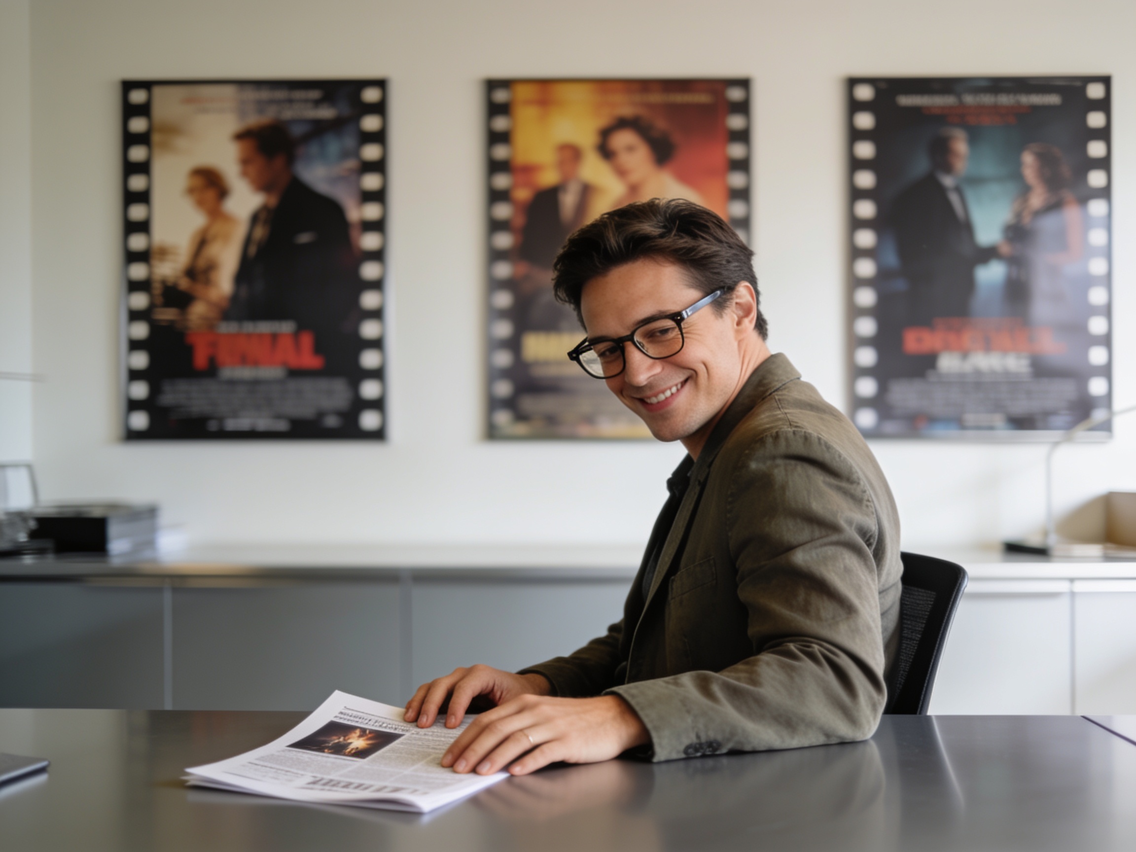 Film critic analyzing cinema data for latest movie news updates on a desk.
