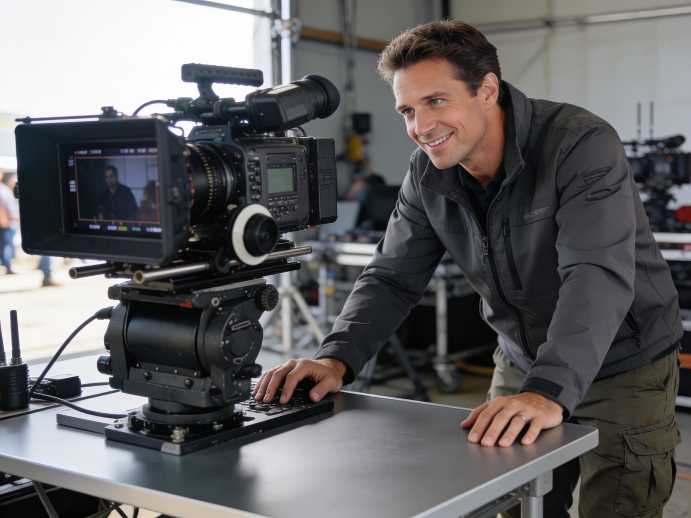 American cinematographer adjusting camera settings reflecting global film industry trends.
