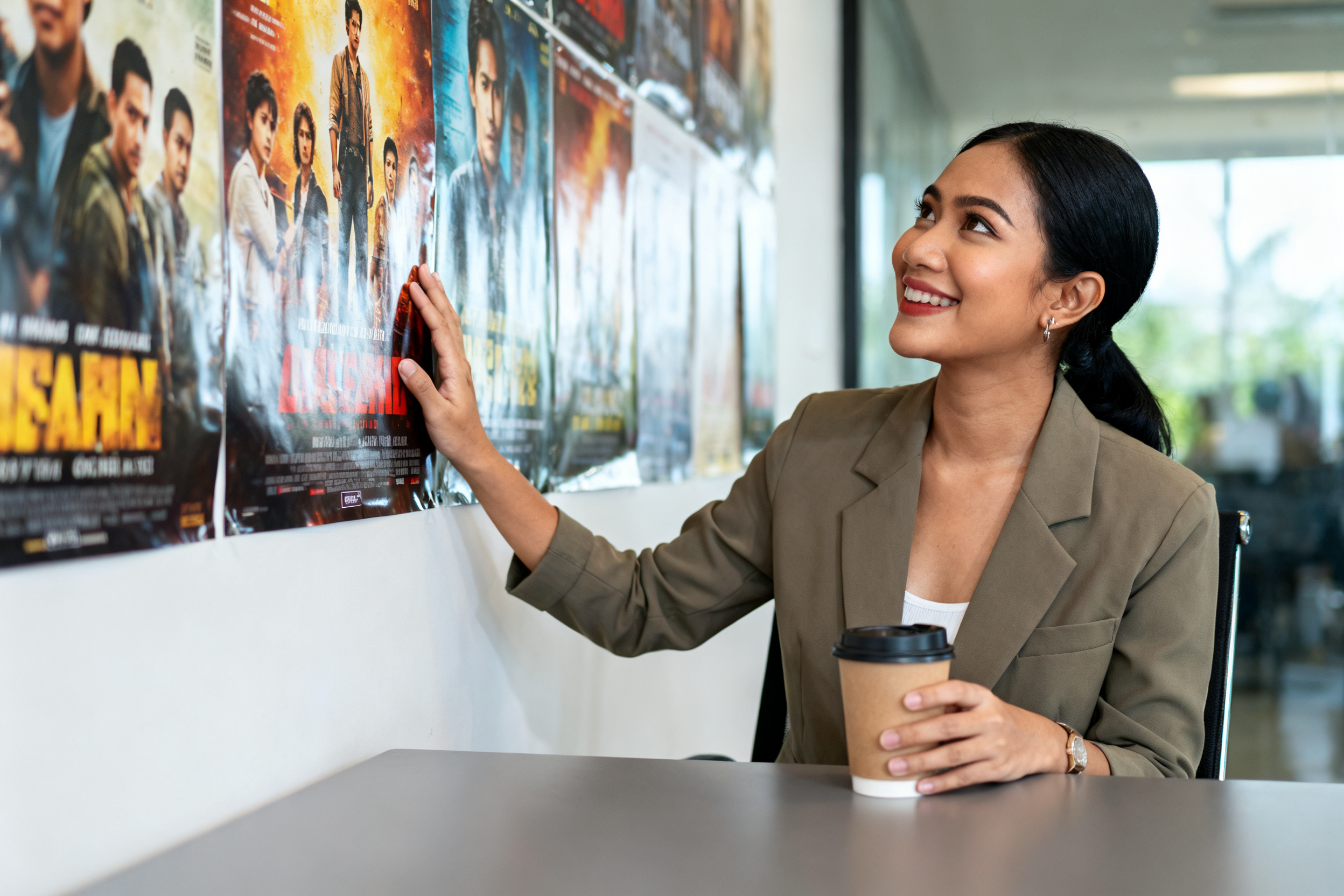 global film industry trends visualized by Indonesian filmmaker reviewing a movie poster in studio