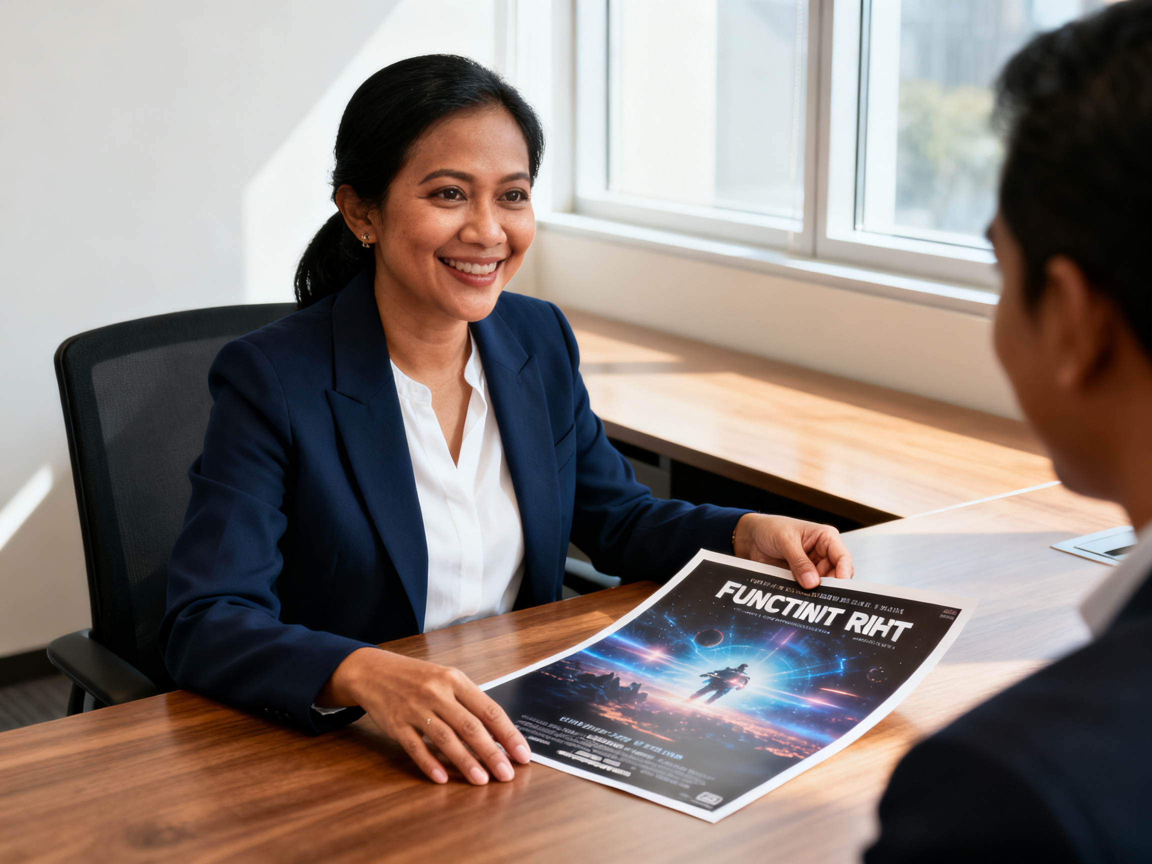 honest movie review blog shows Indonesian woman examining Quantum Rift poster, highlighting visual effects and narrative crit